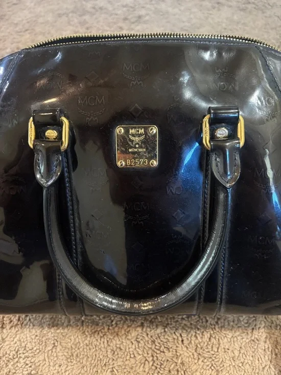 MCM Black Patent Leather Satchel with Gold Plaque and Hardware - Picture 2 of 11